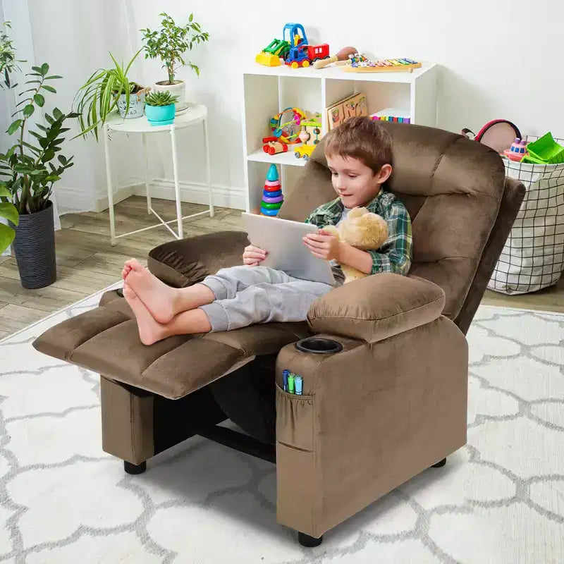 Costway Kids Youth Recliner Chair Velvet Fabric w/Cup Holder & Side Pocket Blue/Pink