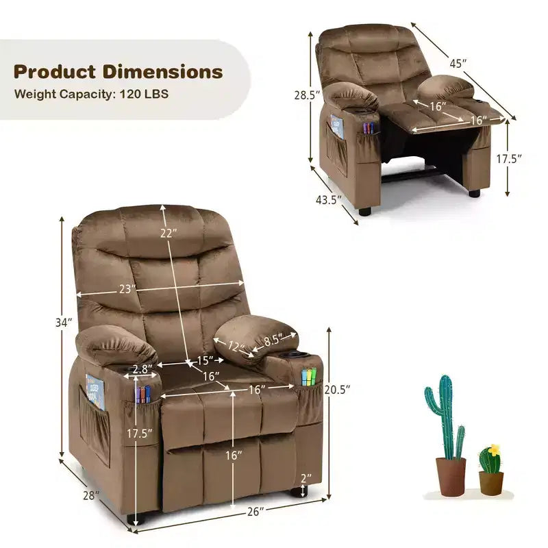 Costway Kids Youth Recliner Chair Velvet Fabric w/Cup Holder & Side Pocket Blue/Pink