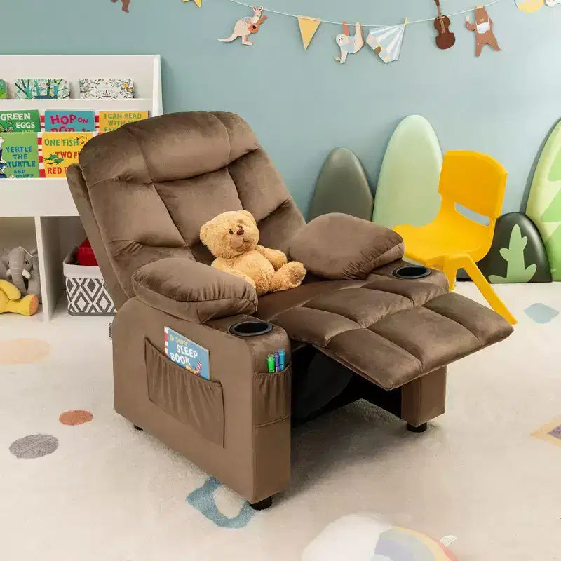 Costway Kids Youth Recliner Chair Velvet Fabric w/Cup Holder & Side Pocket Blue/Pink