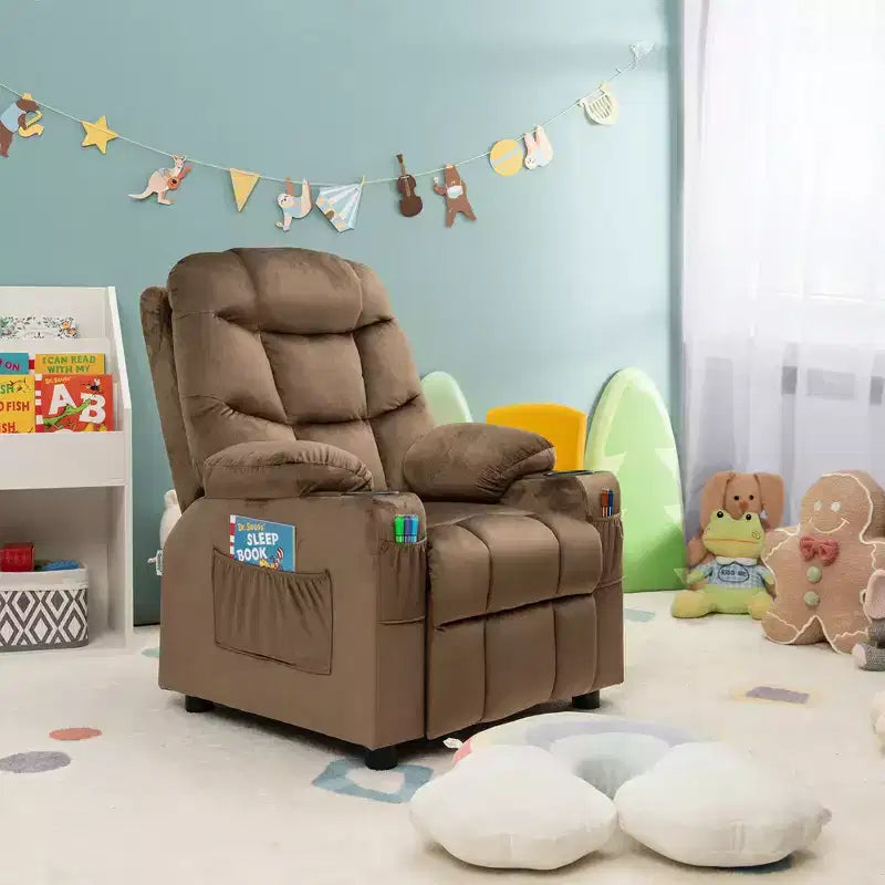 Costway Kids Youth Recliner Chair Velvet Fabric w/Cup Holder & Side Pocket Blue/Pink