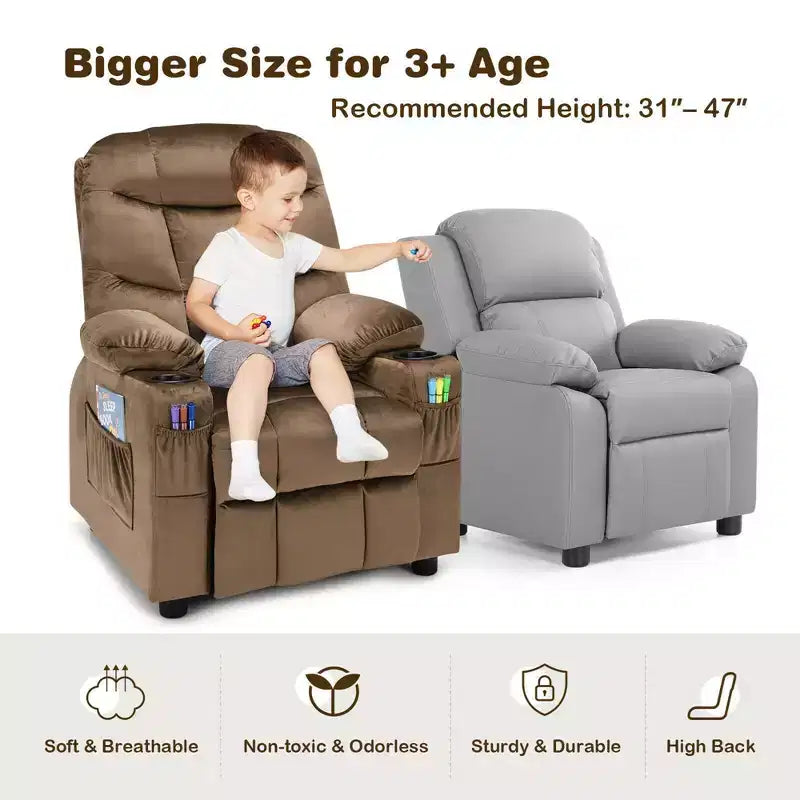 Costway Kids Youth Recliner Chair Velvet Fabric w/Cup Holder & Side Pocket Blue/Pink