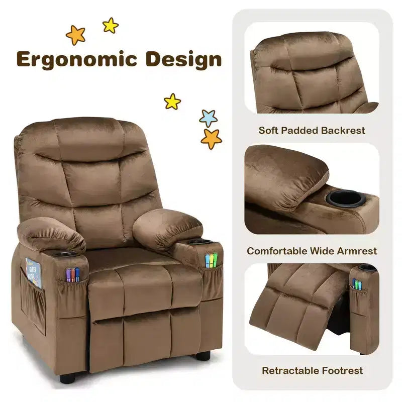 Costway Kids Youth Recliner Chair Velvet Fabric w/Cup Holder & Side Pocket Blue/Pink
