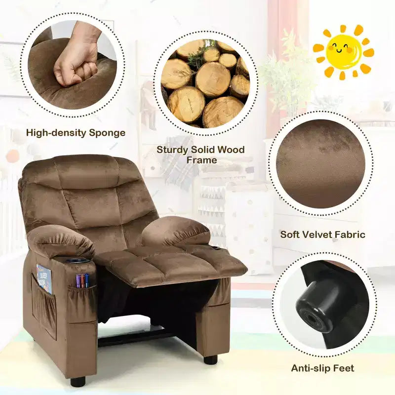 Costway Kids Youth Recliner Chair Velvet Fabric w/Cup Holder & Side Pocket Blue/Pink