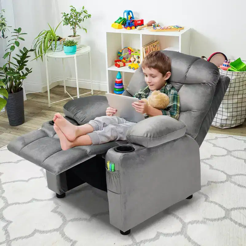 Costway Kids Youth Recliner Chair Velvet Fabric w/Cup Holder & Side Pocket Blue/Pink