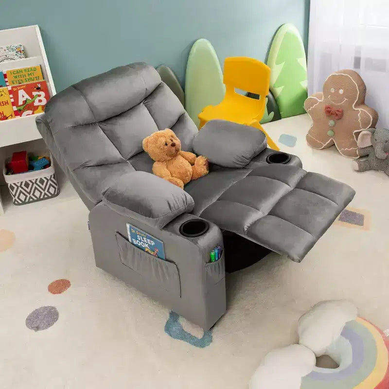 Costway Kids Youth Recliner Chair Velvet Fabric w/Cup Holder & Side Pocket Blue/Pink