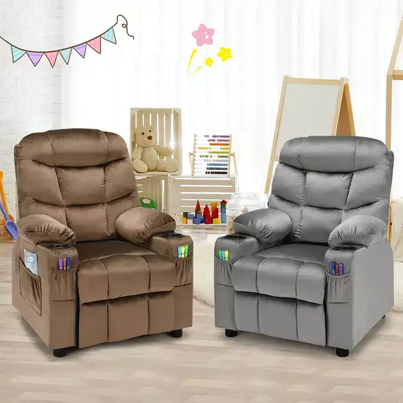 Costway Kids Youth Recliner Chair Velvet Fabric w/Cup Holder & Side Pocket Blue/Pink