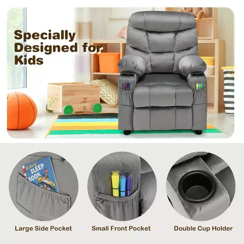 Costway Kids Youth Recliner Chair Velvet Fabric w/Cup Holder & Side Pocket Blue/Pink