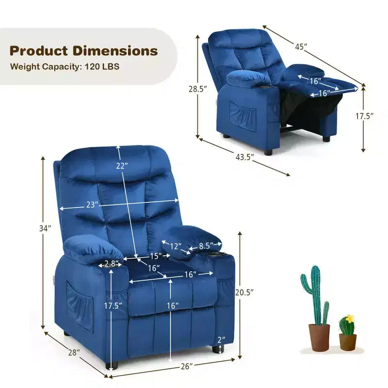Costway Kids Youth Recliner Chair Velvet Fabric w/Cup Holder & Side Pocket Blue/Pink