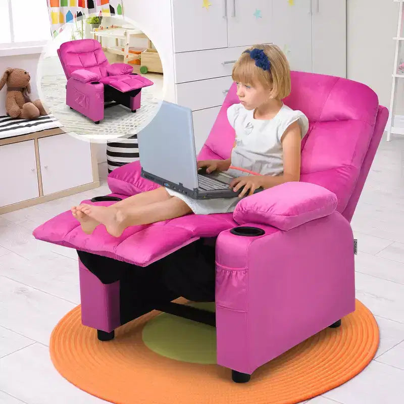 Costway Kids Youth Recliner Chair Velvet Fabric w/Cup Holder & Side Pocket Blue/Pink