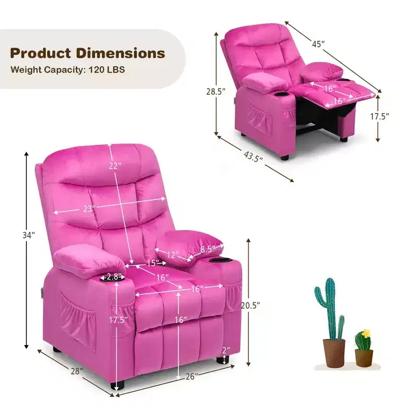 Costway Kids Youth Recliner Chair Velvet Fabric w/Cup Holder & Side Pocket Blue/Pink