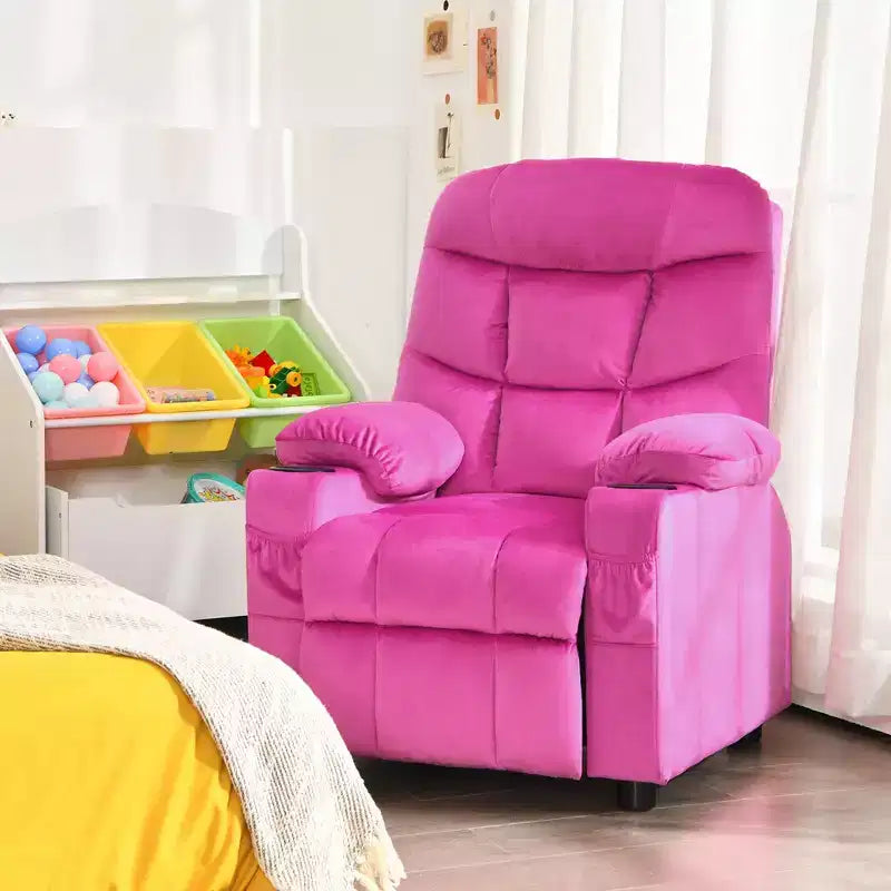 Costway Kids Youth Recliner Chair Velvet Fabric w/Cup Holder & Side Pocket Blue/Pink