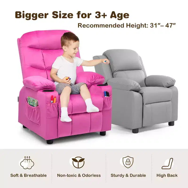 Costway Kids Youth Recliner Chair Velvet Fabric w/Cup Holder & Side Pocket Blue/Pink