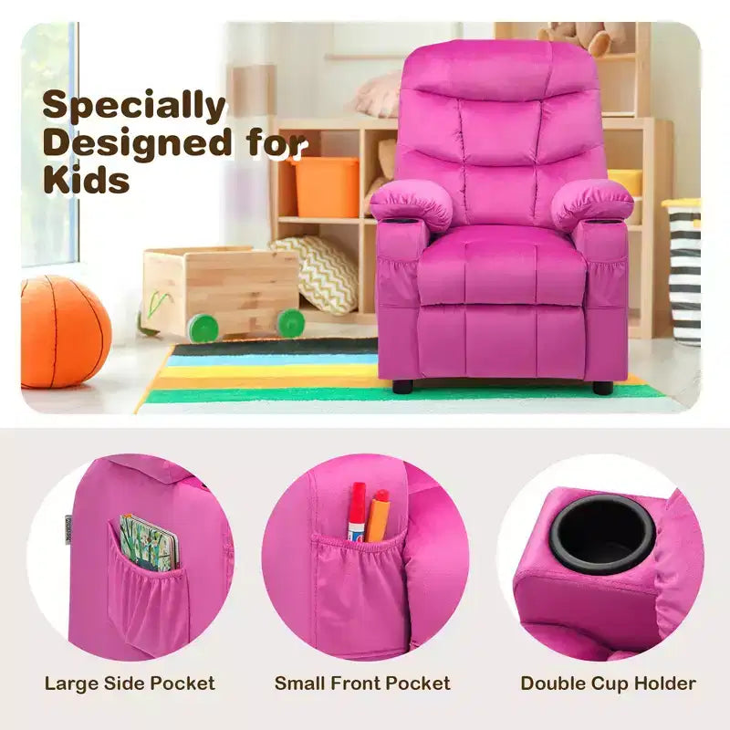 Costway Kids Youth Recliner Chair Velvet Fabric w/Cup Holder & Side Pocket Blue/Pink
