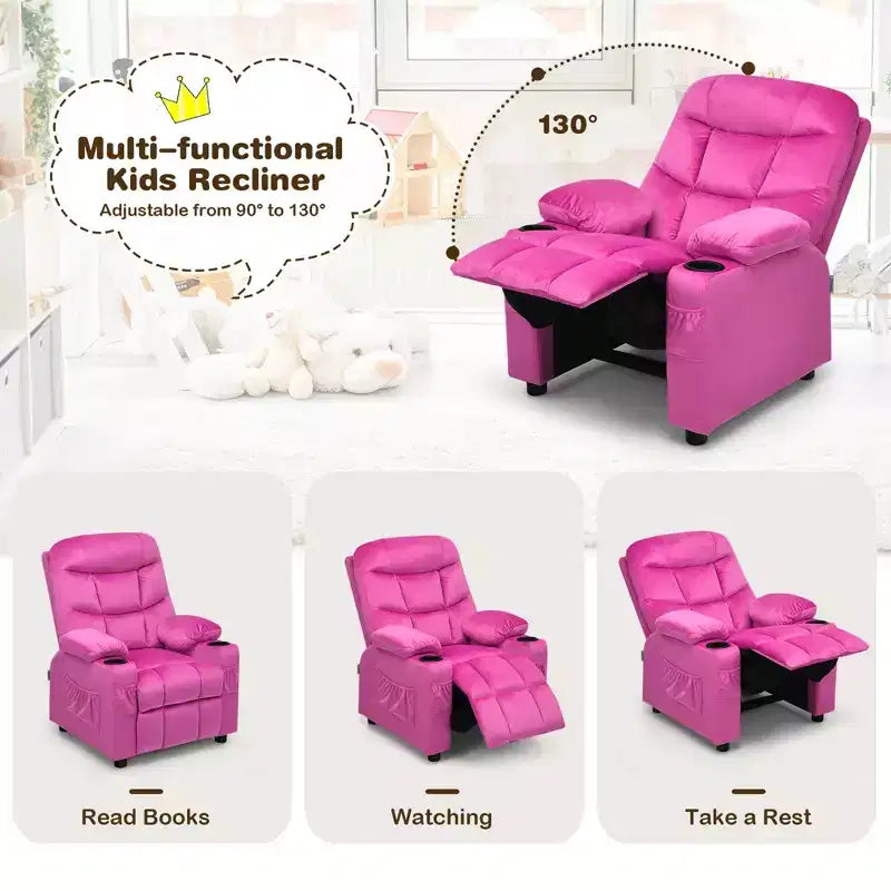 Costway Kids Youth Recliner Chair Velvet Fabric w/Cup Holder & Side Pocket Blue/Pink