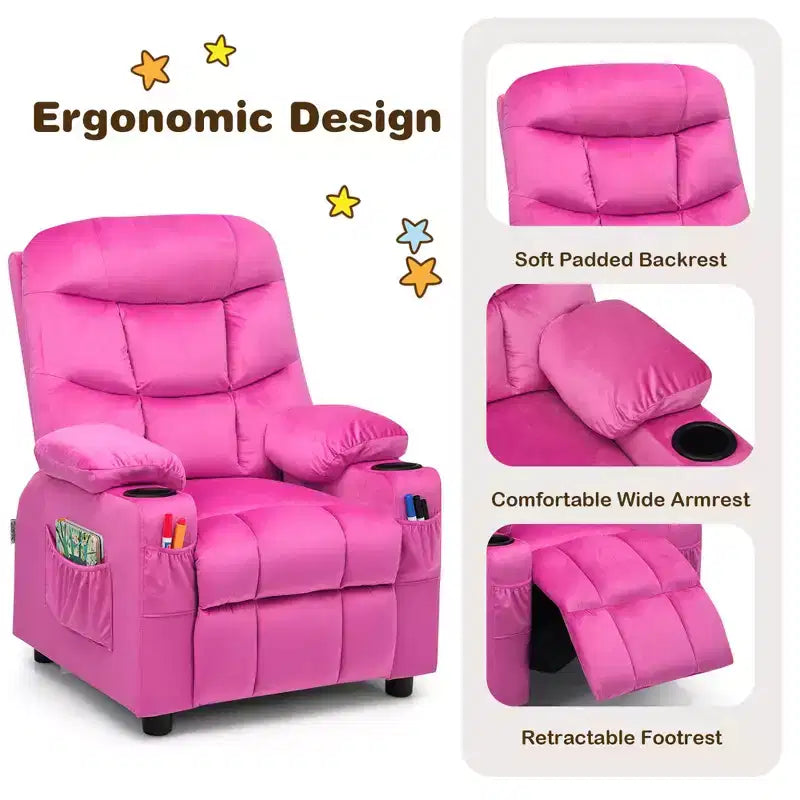 Costway Kids Youth Recliner Chair Velvet Fabric w/Cup Holder & Side Pocket Blue/Pink