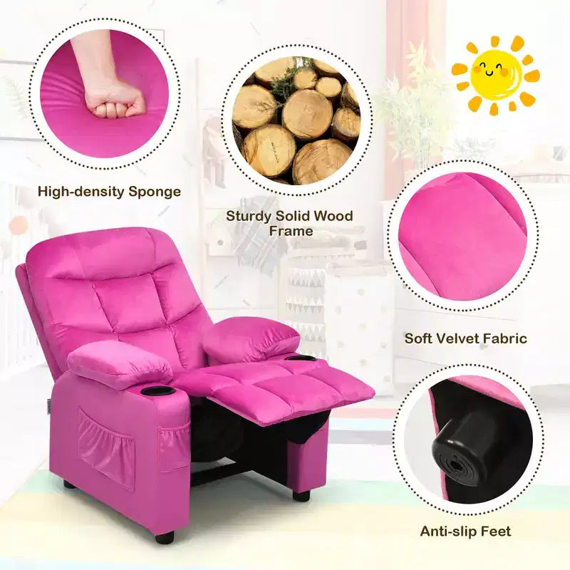 Costway Kids Youth Recliner Chair Velvet Fabric w/Cup Holder & Side Pocket Blue/Pink