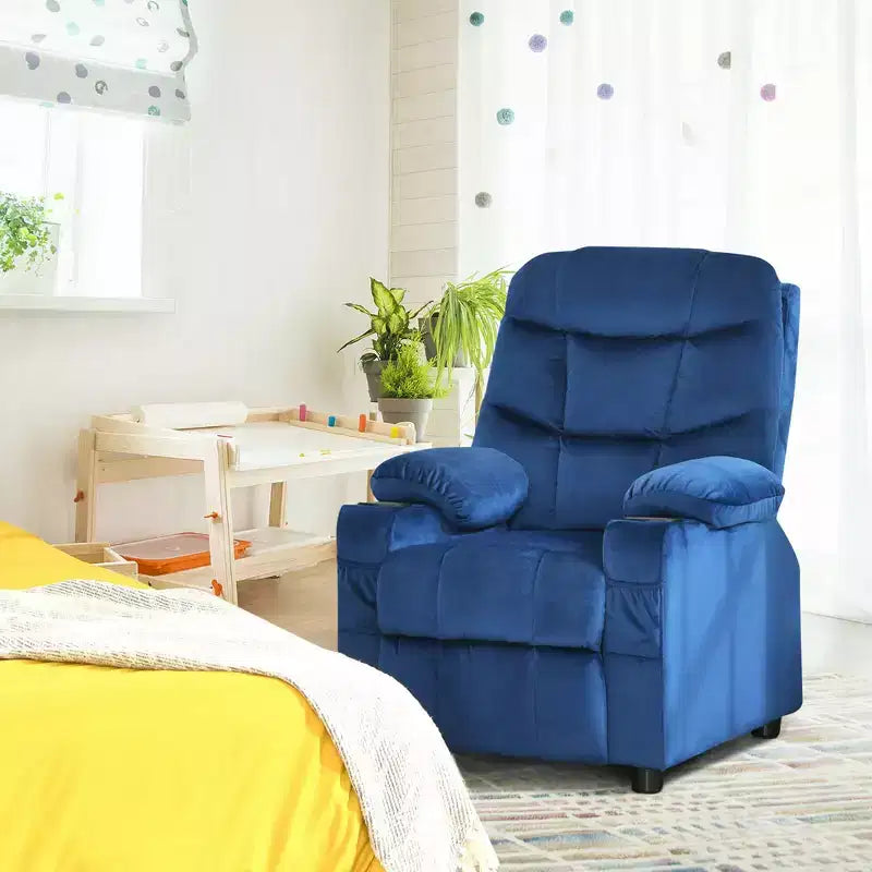 Costway Kids Youth Recliner Chair Velvet Fabric w/Cup Holder & Side Pocket Blue/Pink