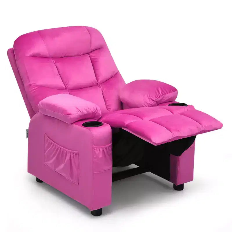 Costway Kids Youth Recliner Chair Velvet Fabric w/Cup Holder & Side Pocket Blue/Pink