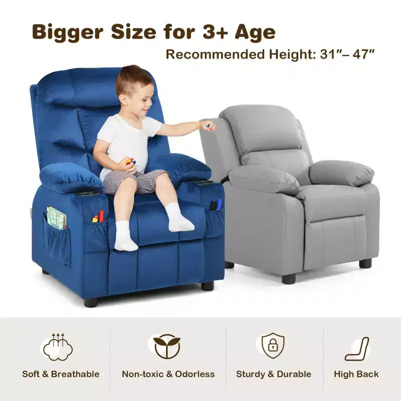 Costway Kids Youth Recliner Chair Velvet Fabric w/Cup Holder & Side Pocket Blue/Pink