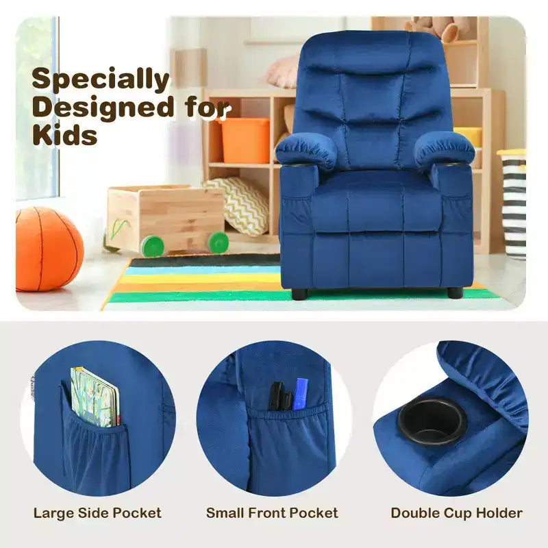 Costway Kids Youth Recliner Chair Velvet Fabric w/Cup Holder & Side Pocket Blue/Pink