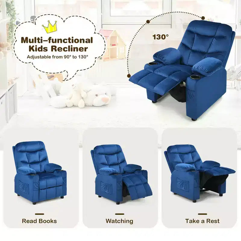 Costway Kids Youth Recliner Chair Velvet Fabric w/Cup Holder & Side Pocket Blue/Pink