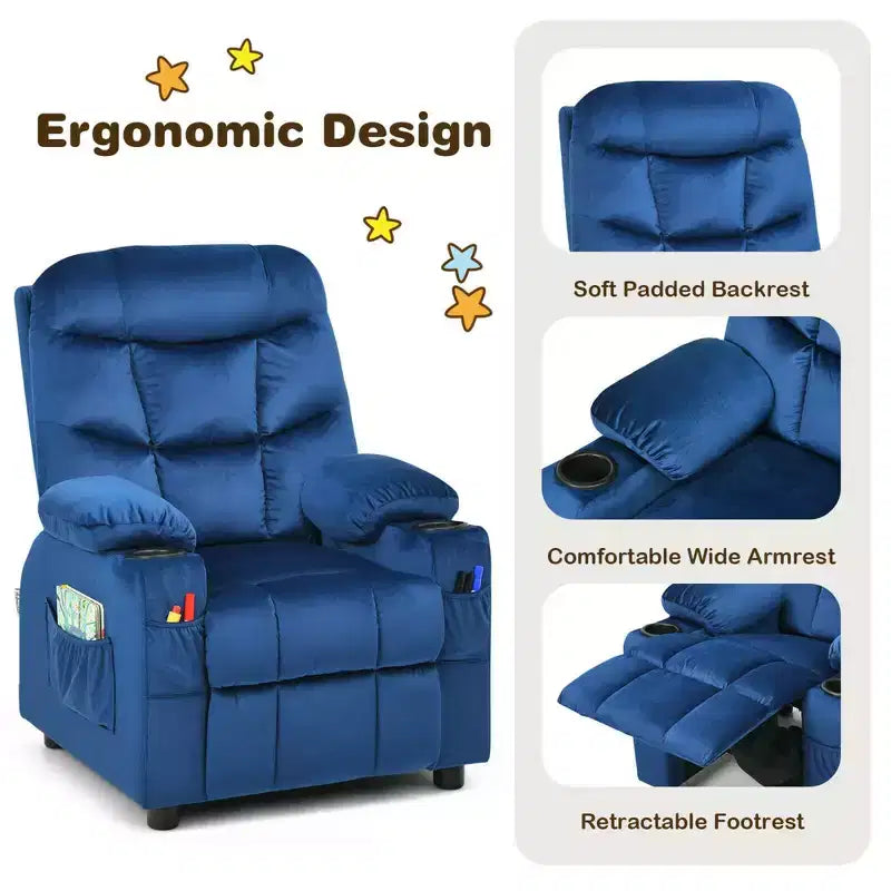 Costway Kids Youth Recliner Chair Velvet Fabric w/Cup Holder & Side Pocket Blue/Pink