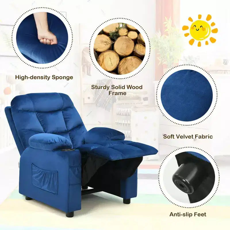 Costway Kids Youth Recliner Chair Velvet Fabric w/Cup Holder & Side Pocket Blue/Pink