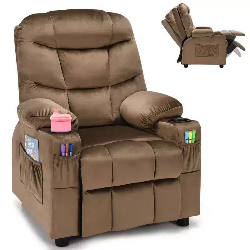 Costway Kids Youth Recliner Chair Velvet Fabric w/Cup Holder & Side Pocket Blue/Pink