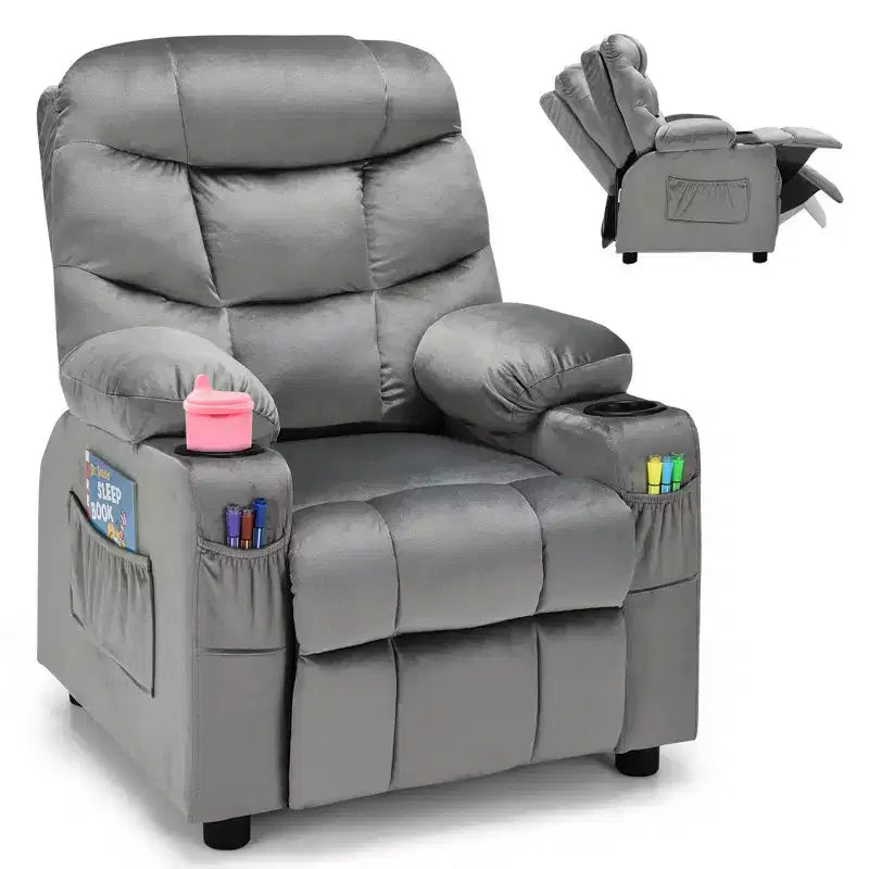 Costway Kids Youth Recliner Chair Velvet Fabric w/Cup Holder & Side Pocket Blue/Pink