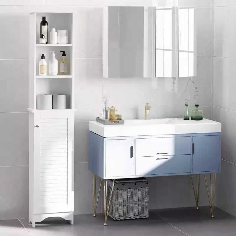 HOMCOM Tall Bathroom Storage Cabinet/Freestanding Linen Tower with 3-Tier Open Adjustable Shelf and Cupboard, White