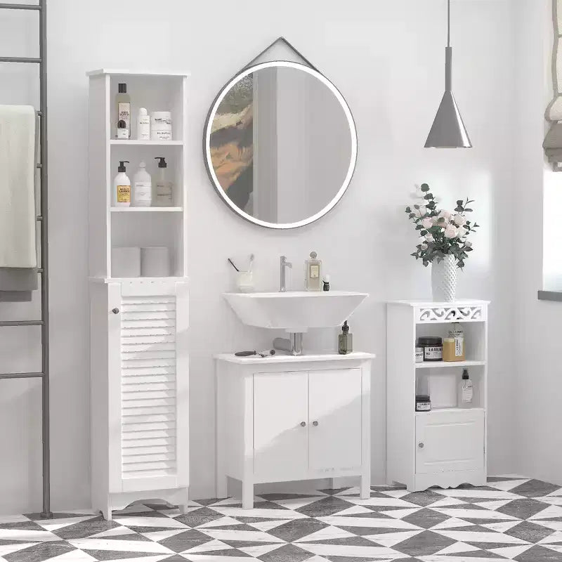 HOMCOM Tall Bathroom Storage Cabinet/Freestanding Linen Tower with 3-Tier Open Adjustable Shelf and Cupboard, White