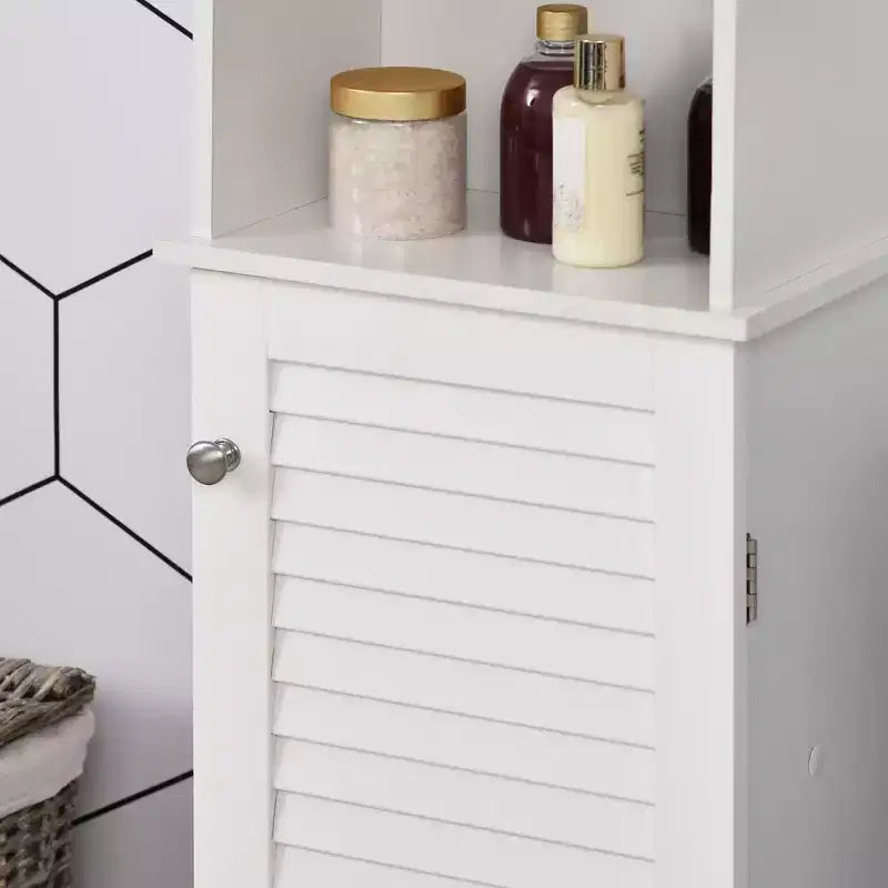 HOMCOM Tall Bathroom Storage Cabinet/Freestanding Linen Tower with 3-Tier Open Adjustable Shelf and Cupboard, White
