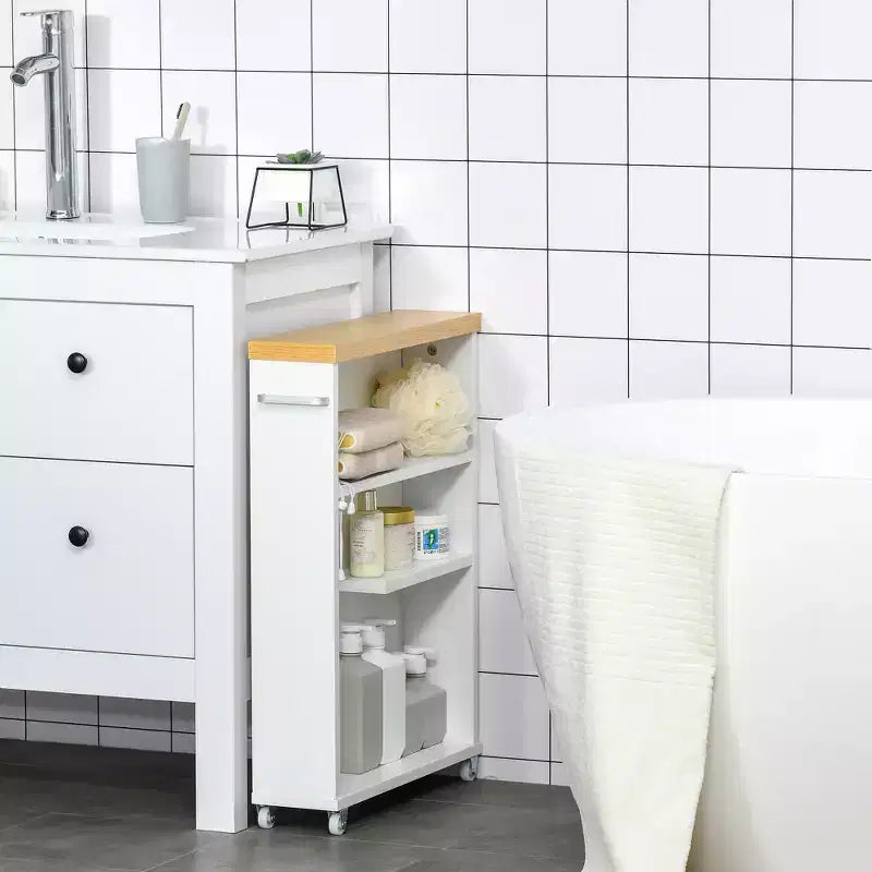 kleankin Slim Bathroom Cabinet with Castor Wheels Storage Organizer and Wood Shelves To Fit In Small Spaces, White