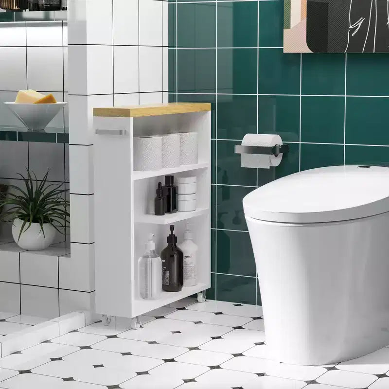 kleankin Slim Bathroom Cabinet with Castor Wheels Storage Organizer and Wood Shelves To Fit In Small Spaces, White