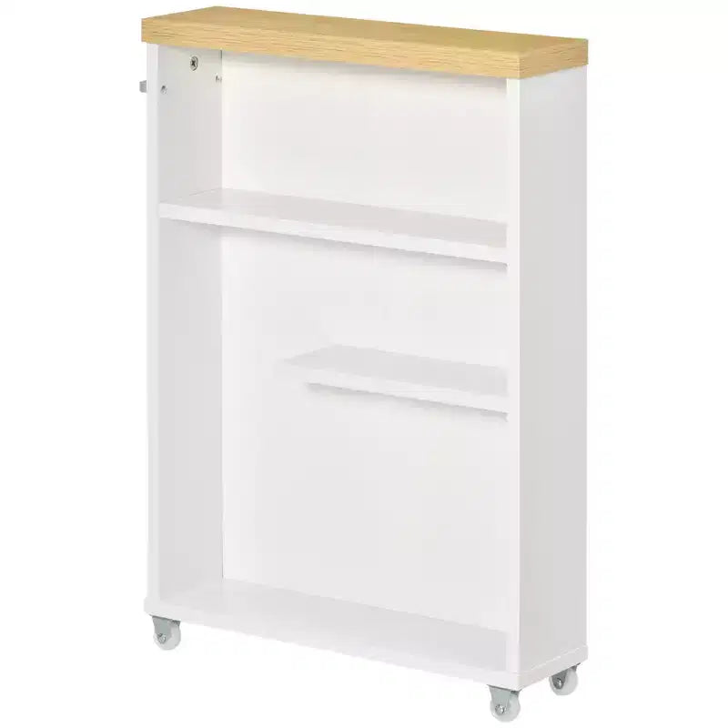 kleankin Slim Bathroom Cabinet with Castor Wheels Storage Organizer and Wood Shelves To Fit In Small Spaces, White