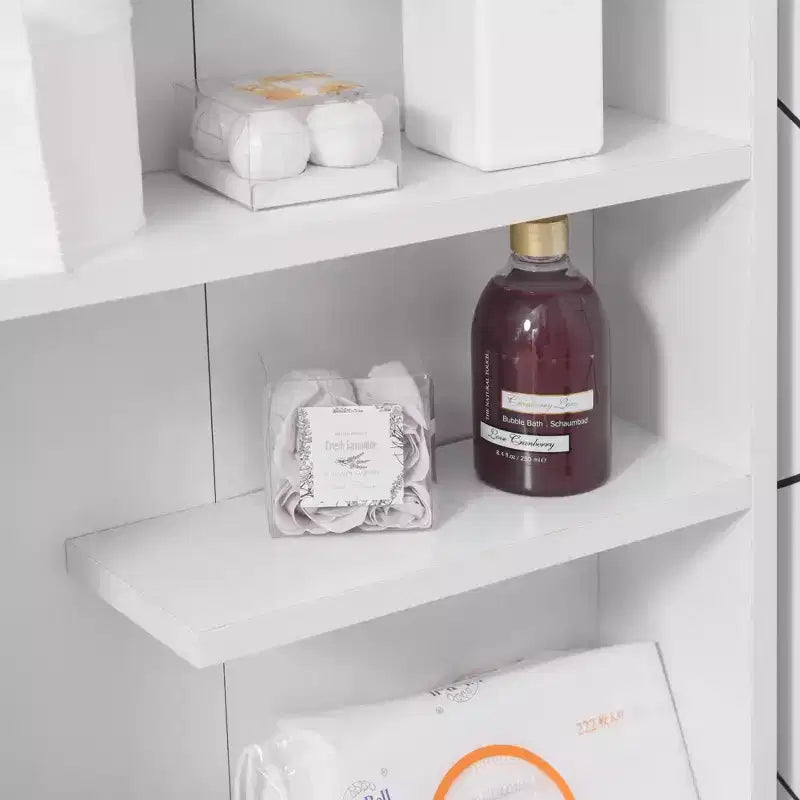 kleankin Slim Bathroom Cabinet with Castor Wheels Storage Organizer and Wood Shelves To Fit In Small Spaces, White