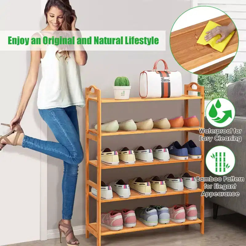 Costway 5-Tier Bamboo Shoe Rack FreeStanding Shoe Shelf Entryway Shoe Storage Organizer