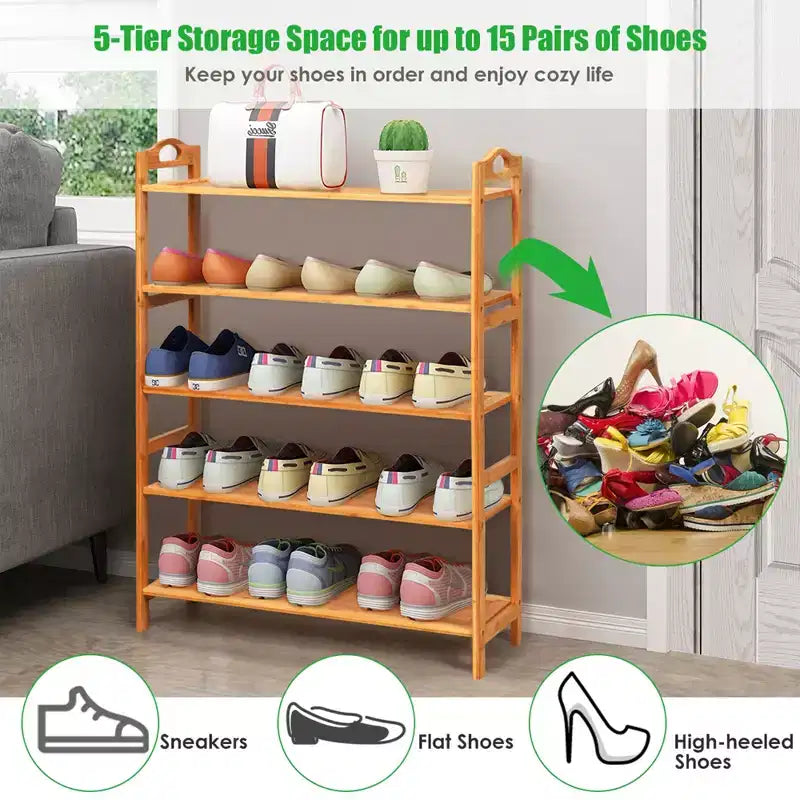 Costway 5-Tier Bamboo Shoe Rack FreeStanding Shoe Shelf Entryway Shoe Storage Organizer