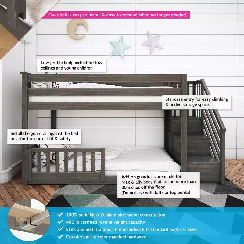 Max & Lily Low Twin over Twin Bunk with Stairs and Guard Rail