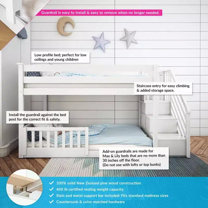 Max & Lily Low Twin over Twin Bunk with Stairs and Guard Rail
