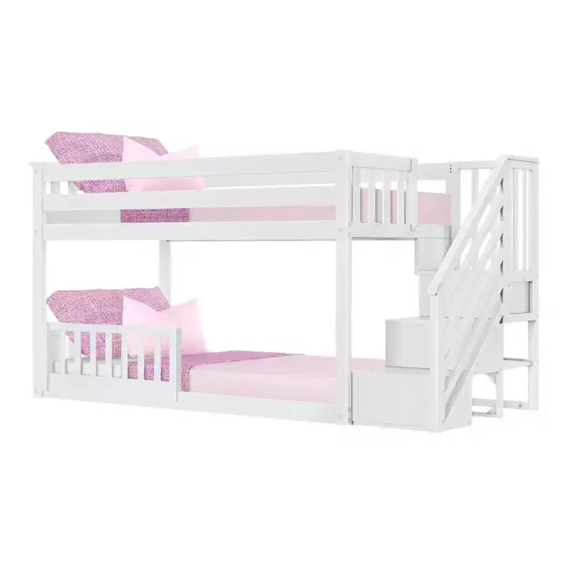 Max & Lily Low Twin over Twin Bunk with Stairs and Guard Rail