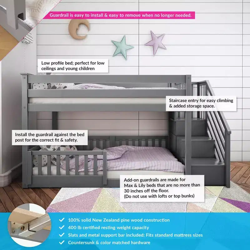 Max & Lily Low Twin over Twin Bunk with Stairs and Guard Rail