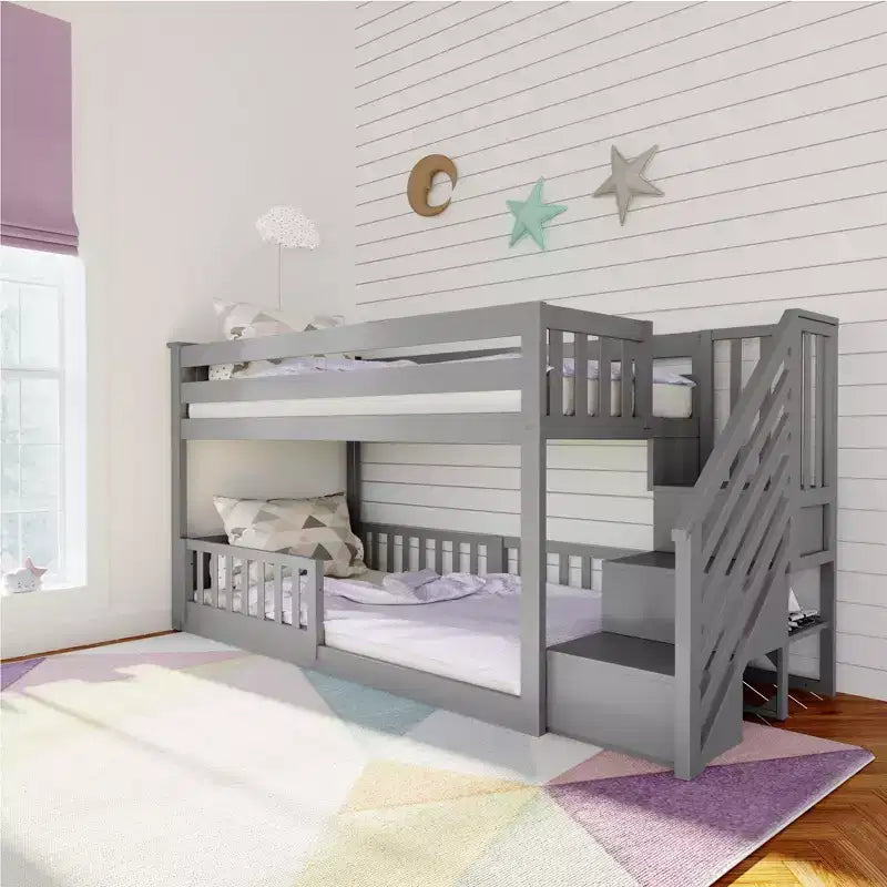 Max & Lily Low Twin over Twin Bunk with Stairs and Guard Rail