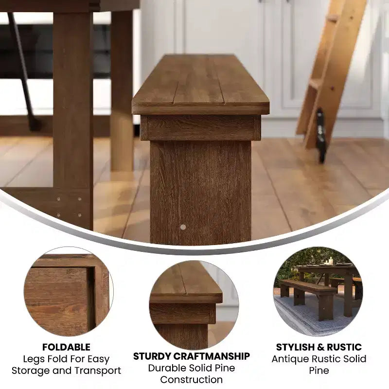 Emma and Oliver 8' x 12 Antique Rustic Solid Pine Folding Farm Bench - Portable Bench