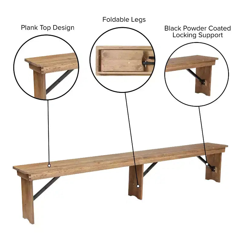 Emma and Oliver 8' x 12 Antique Rustic Solid Pine Folding Farm Bench - Portable Bench