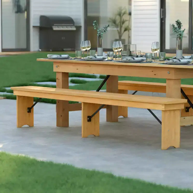 Emma and Oliver 8' x 12 Antique Rustic Solid Pine Folding Farm Bench - Portable Bench
