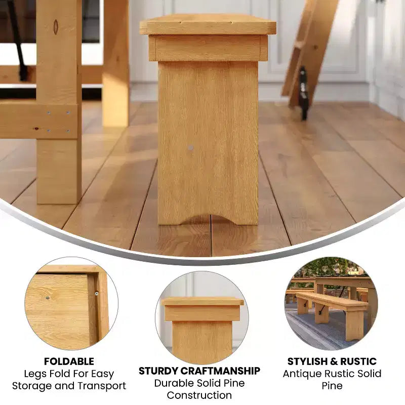 Emma and Oliver 8' x 12 Antique Rustic Solid Pine Folding Farm Bench - Portable Bench