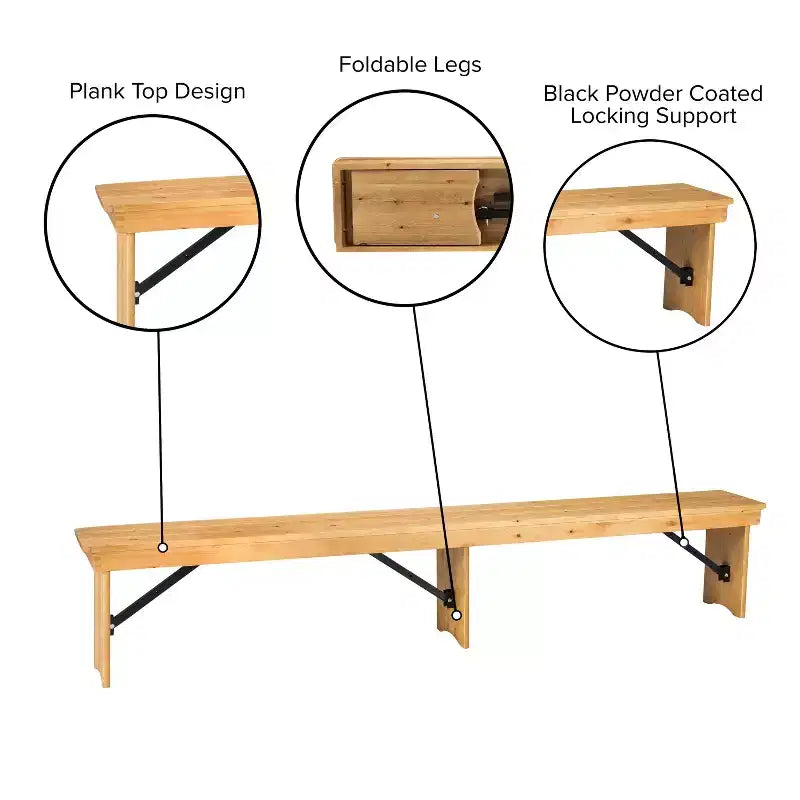 Emma and Oliver 8' x 12 Antique Rustic Solid Pine Folding Farm Bench - Portable Bench