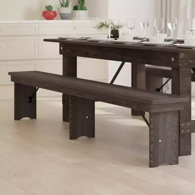 Emma and Oliver 8' x 12 Antique Rustic Solid Pine Folding Farm Bench - Portable Bench