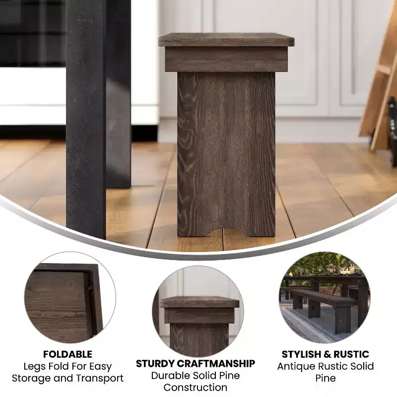 Emma and Oliver 8' x 12 Antique Rustic Solid Pine Folding Farm Bench - Portable Bench